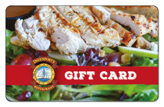 Davenports logo displayed on red stripe with white text displaying "Gift Card" over photo of salad with grilled chicken